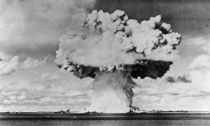 An atomic bomb test explosion off Bikini Atoll ©Keystone/Getty Images