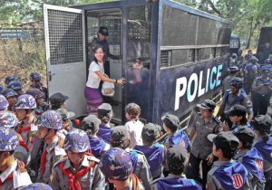 Students arrested in a police crackdown on their peaceful protests against the education law in March 2015 arrive for a court hearing on May 12, 2015. Lawyers and activists complain the trial is taking too long. Photo: Aung Myin Ye Zaw / The Myanmar Times