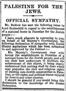 Balfour Declaration published in The Times of London - 9 November 1917